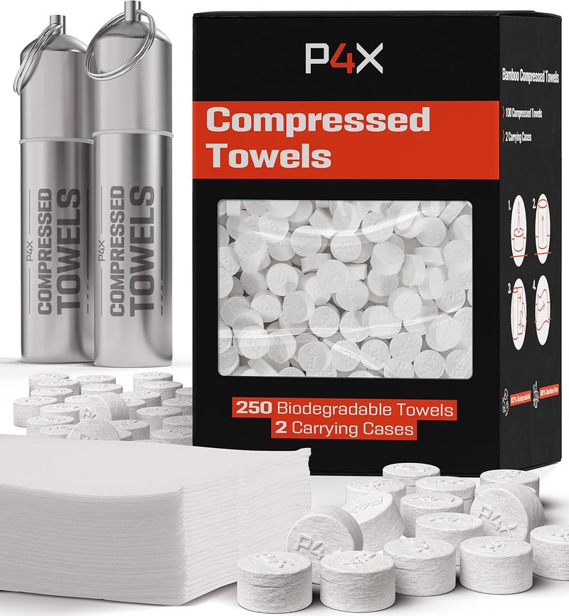 PREPARED4X Compressed Towel Tablets - 100% Bamboo Camping Toilet Paper Tablets, Great for Hiking, Travel and Backpacking - Disposable Washcloths, Body Wipes, Paper Towel Coin Tissue - 100/250/500 Pack - Image 1